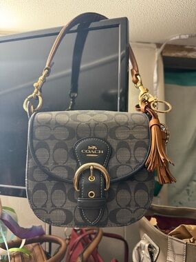 Coach denim Signature Saddle Shoulder Bag with Tan Tassel